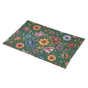 Bunch of colorful flowers on green cloth placemat