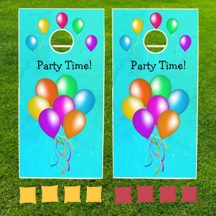 Bunch of Festive Party Time Balloons Ribbons Cornhole Set
