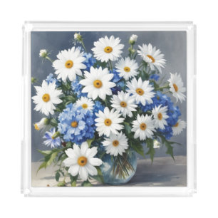Bunch of Flowers Elegant Daisies Watercolor Acrylic Tray