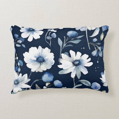 Bunch of Flowers Elegant Watercolor Blue Accent Pillow