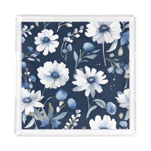 Bunch of Flowers Elegant Watercolor Blue Acrylic Tray