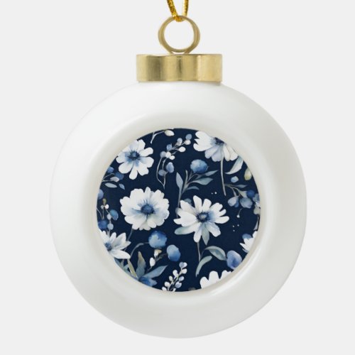 Bunch of Flowers Elegant Watercolor Blue Ceramic Ball Christmas Ornament