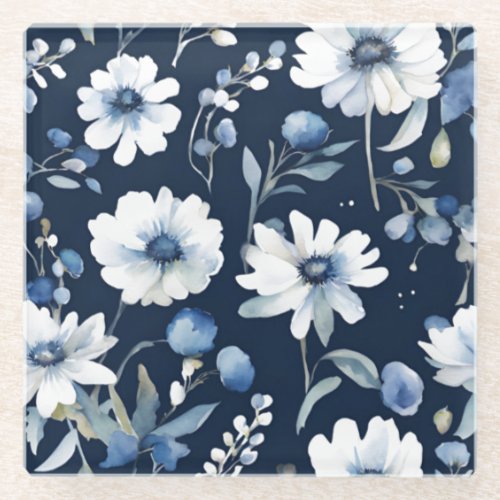 Bunch of Flowers Elegant Watercolor Blue Glass Coaster