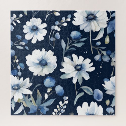 Bunch of Flowers Elegant Watercolor Blue Jigsaw Puzzle