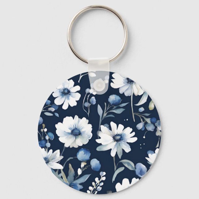 Bunch of Flowers Elegant Watercolor Blue Keychain (Front)