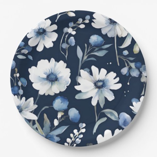 Bunch of Flowers Elegant Watercolor Blue Paper Plates