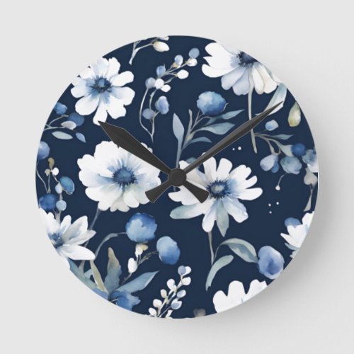 Bunch of Flowers Elegant Watercolor Blue Round Clock