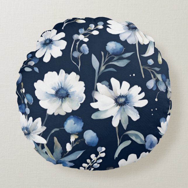 Bunch of Flowers Elegant Watercolor Blue Round Pillow (Front)