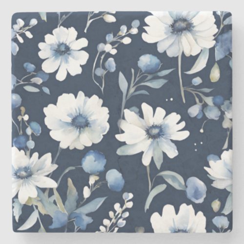 Bunch of Flowers Elegant Watercolor Blue Stone Coaster