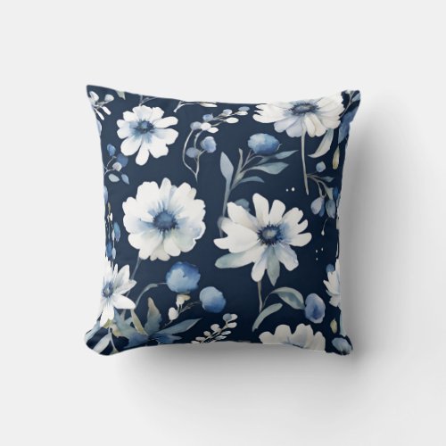 Bunch of Flowers Elegant Watercolor Blue Throw Pillow