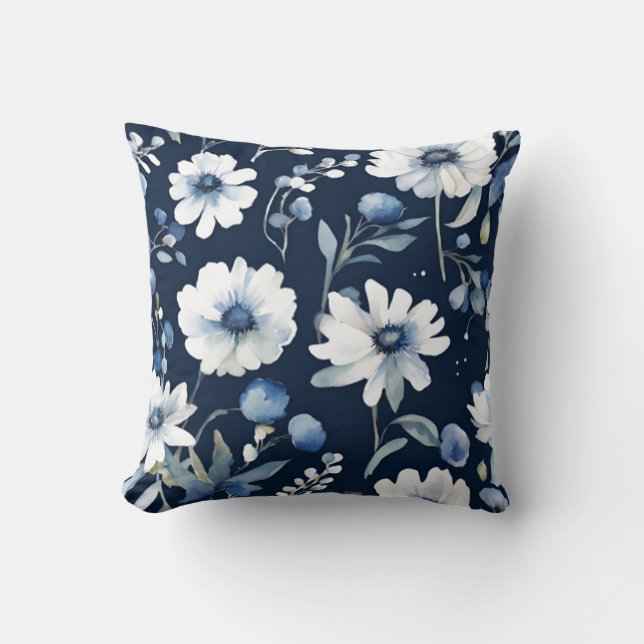Bunch of Flowers Elegant Watercolor Blue Throw Pillow (Front)