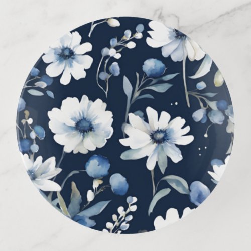 Bunch of Flowers Elegant Watercolor Blue Trinket Tray