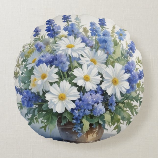 Bunch of Flowers Elegant Watercolor Round Pillow (Front)