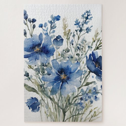 Bunch of Flowers Elegant Watercolor Stylish Blue Jigsaw Puzzle