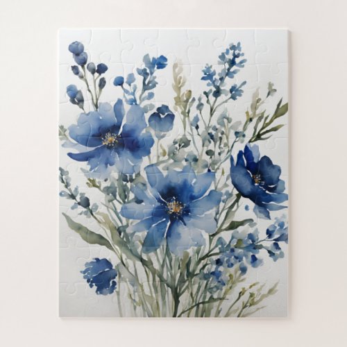 Bunch of Flowers Elegant Watercolor Stylish Blue Jigsaw Puzzle