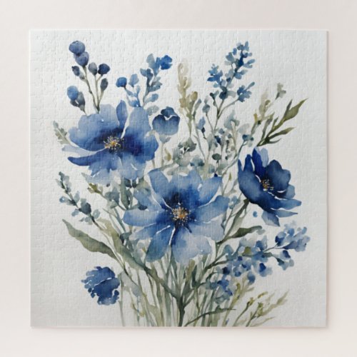 Bunch of Flowers Elegant Watercolor Stylish Blue Jigsaw Puzzle