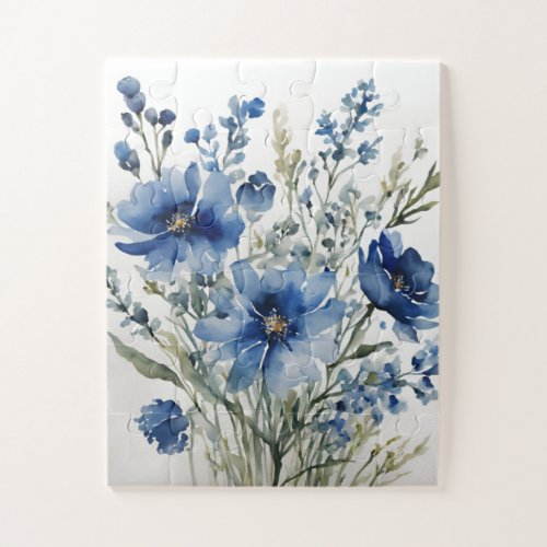 Bunch of Flowers Elegant Watercolor Stylish Blue Jigsaw Puzzle