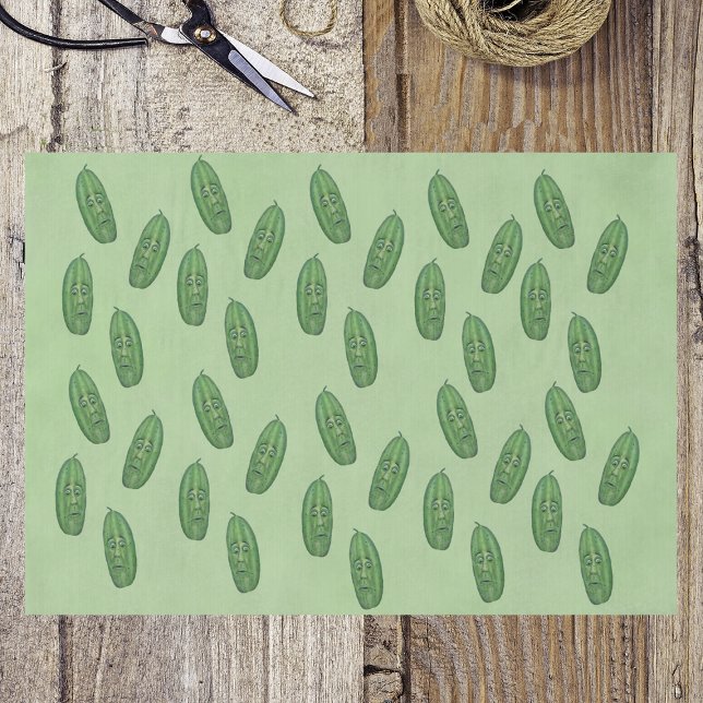 Bunch of Funny Green Pickles Surprised Faces green Tissue Paper (bunch of funny green pickles with surprised looking faces on light green wrapping tissue paper.)