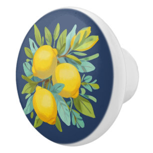Bunch of Lemons on Mediterranean Dark Blue Ceramic Knob