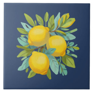 Bunch of Lemons on Mediterranean Dark Blue Ceramic Tile