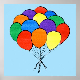 Bunch of Rainbow Colored Balloons on Light Blue Poster