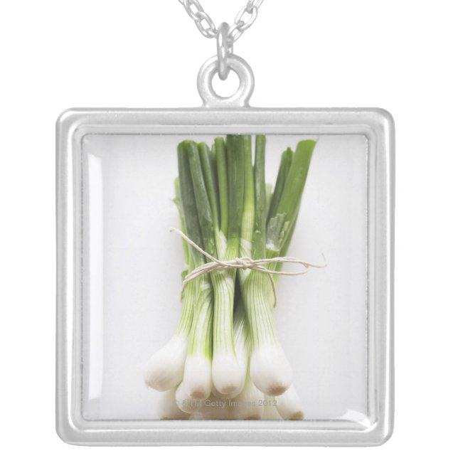 Bunch of spring onions on white chopping board silver plated necklace (Front)