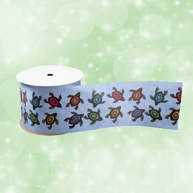 Bunch of Turtles Colourful Shells Abstract Shells Satin Ribbon (Bunch black turtles abstract colourful shells in various colours on blue gift wrap ribbon.)