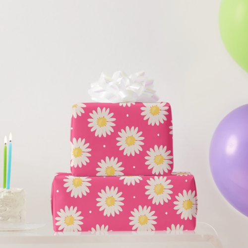 Bunch Of White Daisies Pattern In Pink Background Wrapping Paper