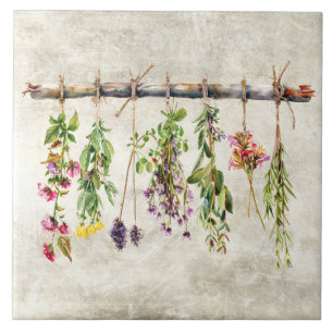 Bunches of Dried Rustic Wildflowers Vintage Ceramic Tile