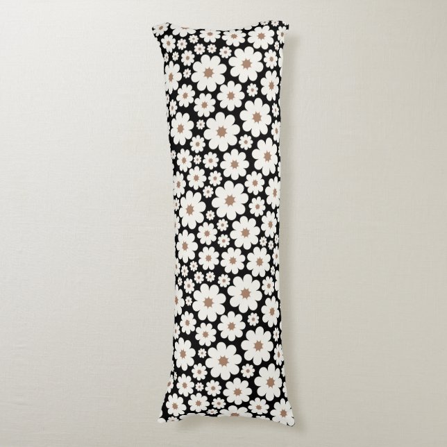 Bunches of happy white daisy flowers tan center body pillow (Front Vertical)