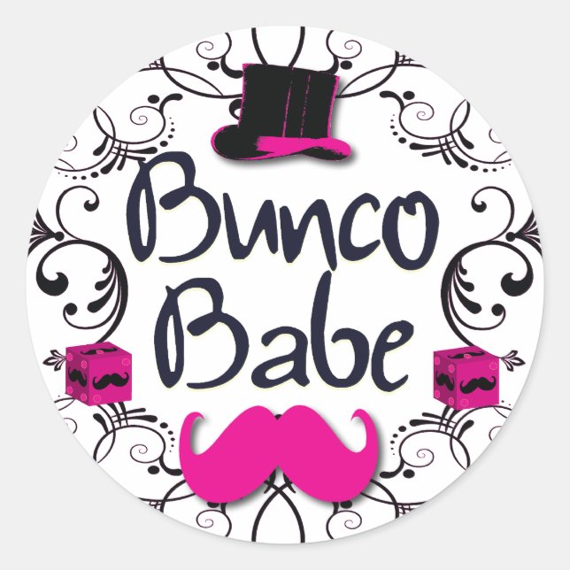Bunco Babe with Pink Top Hat and Pink Mustache Classic Round Sticker (Front)