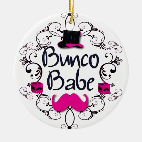 Bunco Babe with Swirls Mustache and Top Hat Ceramic Ornament