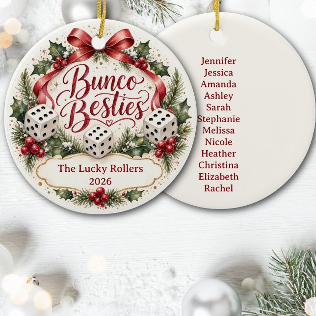Bunco Besties Ceramic Ornament (Bunco Ornament for your favorite players. Add group name and players name. Fun keepsake. )