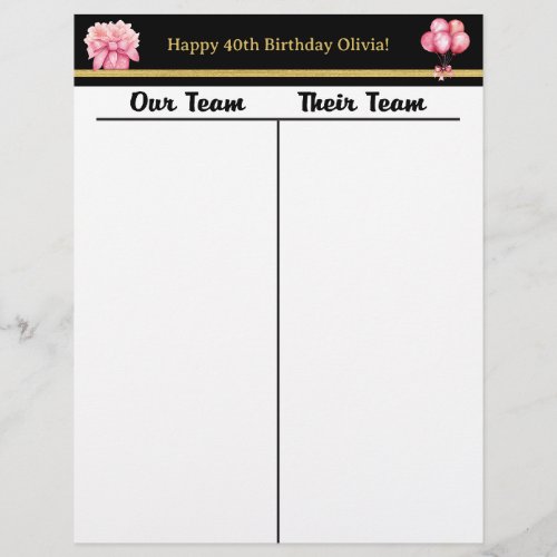 Bunco Black Gold Pink Birthday Tally Score Sheet