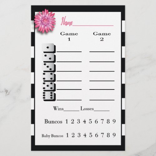 Bunco Black White Pink Flower Score Sheet