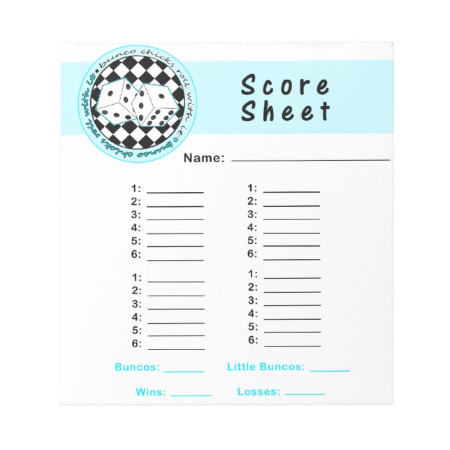 Bunco Chicks Roll with it Score Card - Blue Notepad (Front)