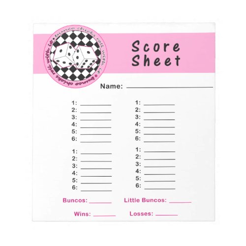 Bunco Chicks Roll with it Score Card Notepad Pink