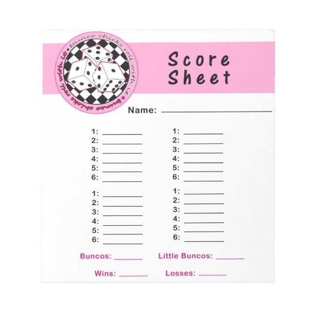 Bunco Chicks Roll with it Score Card Notepad Pink (Front)