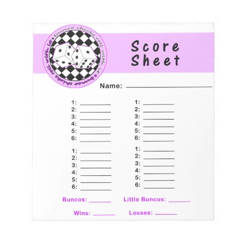 Bunco Chicks Roll with it Score Card _ Purple Notepad