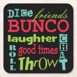 Bunco Coasters - Bunco Subway Art<br><div class="desc">Fun and colorful graphic design. Background color can be changed to your own color style. Graphic art design features Bunco Subway typography style text. Words include dice, friends, bunco, laughter, roll, throw, good times and chat. Add these decorative coasters to your Bunco supplies. Coasters are perfect for Drunko Bunco where...</div>