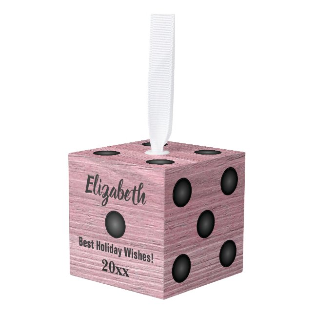 Bunco Dice Rustic Pink Toned Wood Holiday Cube Ornament (Front Angled)
