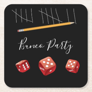 Bunco Game Night Lucky Red Dice Square Paper Coaster