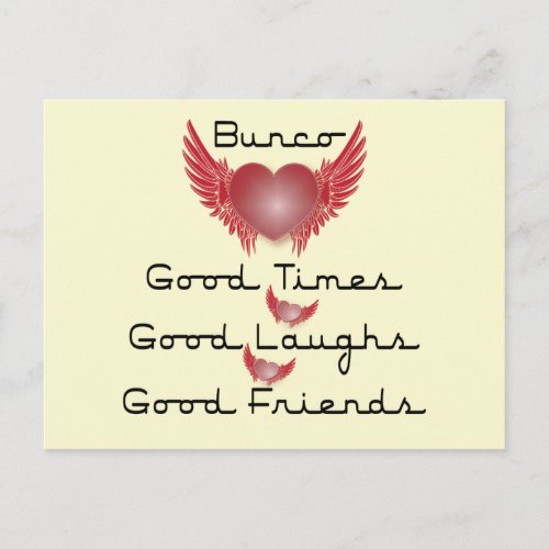 bunco good times with heart and wings postcard