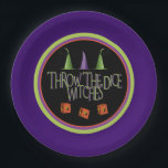Bunco Halloween October Funny Dice Paper Plates<br><div class="desc">Are you hosting the October themed Bunco night? Why not add some fun and laughter with this Throw The Dice Witches design featuring witches hats and three orange dice with flying witches. Keep on rolling.</div>