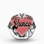 bunco heart tattoo acrylic award<br><div class="desc">Jazz up your next Bunco event with these fun Bunco products. Bunco heart tattoo design features a lovely pink heart surrounded by a vintage design. Also included at no extra charge is one white lucky dice.</div>
