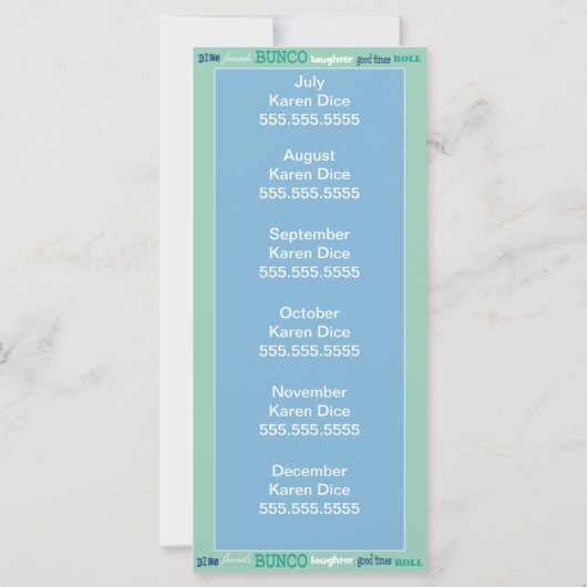 Bunco Hosting Schedule, Calendar or Roster (Back)