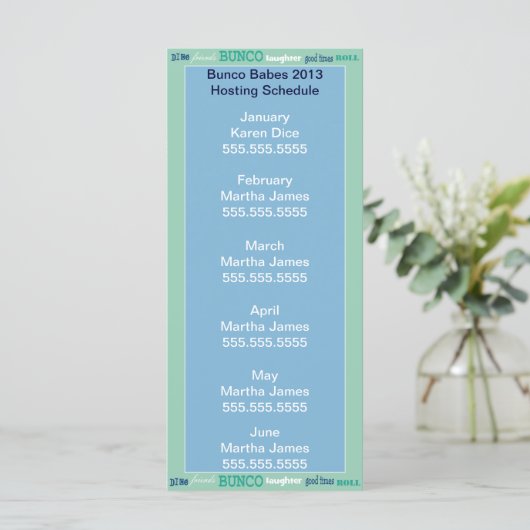 Bunco Hosting Schedule, Calendar or Roster (Standing Front)