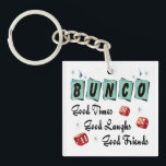 Bunco Player Retro Dice Friend Keychain<br><div class="desc">Bunco players just want to have fun! Go retro with this Bunco - Good Times - Good Laughs and Good Friends design. Perfect for your friends who love to play the game of Bunco or Bunko. Features three red dice.</div>