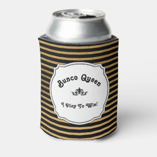 Bunco Queen Play To Win Black Gold Stripe Modern Can Cooler
