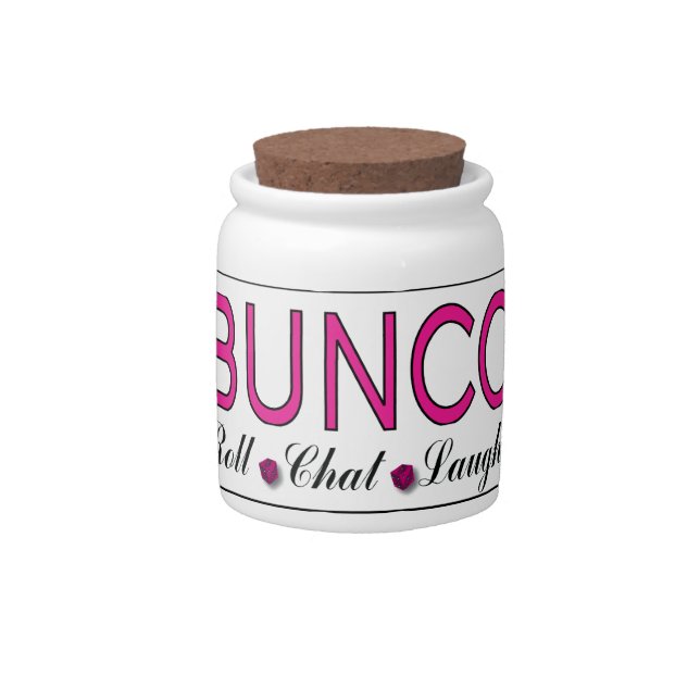 Bunco, Roll, Chat, Laugh In Pink, Black and White Candy Jar (Front)